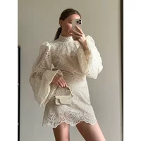 Lady Elegant Hollow Out Lace Short Dresses Trendy Long Sleeve High Neck Mini Vestidos 2025 New Chic Autumn Night Club Gown