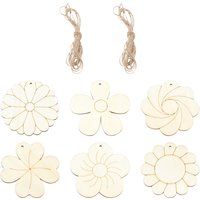 Pandahall 30Pcs 6 Styles Wooden Spring Ornaments Unfinished Flower Plant Charms with Ropes for Crafts Hanging Decor