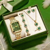 New simple and fashionable women's round dial leather strap quartz watch + exquisite jewelry set Back to school season graduatio