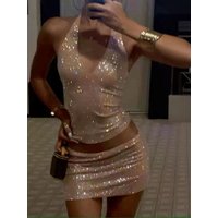 Kliou Sexy Shiny Sequin 2 Piece Set Woman Halter Low-Neck Backless Crop Tops+Skinny Wrap Hip Mini Skirt Midnight Club Party Suit