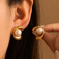 Stainless Steel Pearl Stud Earrings for Women Geometric Irregular Round Metal Hypoallergenic Classic Daily Party Gift Jewelry