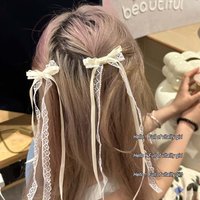 2pcs White Sweet Lace Long Bow Hair Clip Women Girls Ribbon Tassel Bowknot Hair Pins Braid Barrettes Trend Hollow Out Headwears