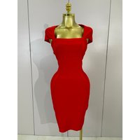 New Women Sexy Red Short Sleeve Bodycon Bandage Dress Celebrity Elegant Birthday Party Club Photo Shoot Cocktail Knitted Cothing