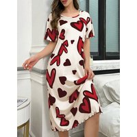 Women's Summer Milk Silk Heart Night Dress Loose Short Sleeve Casual Loungewear Soft Skin-Friendly Breathable Comfort Sleepwear