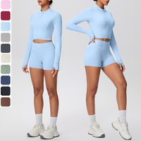 Women's Sports Gym Yoga Set Quick Drying Legging Yoga Zipper Long Sleeves Solid Color Workout Top High Stretch Skinny Short Set
