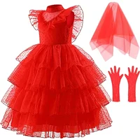 Lydia Deetz Costume Kids Red Wedding Dress Horror Ghost Bride Girls Halloween Costume Cosplay Dress