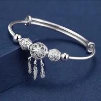 Adjustable Size 925 Sterling Silver Bangle Cuff Dreamcatcher Tassel Feather Round Bead Charm Bracelet Jewelry for Women Wedding