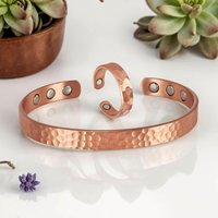 2Pcs Pure Copper Bracelet and Ring Set, Adjustable Hammer Pattern Design, Beautiful Set Jewelry, Good for Holidays Gifts