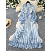 European Maxi Dress Print Women Summer Lantern Sleeve Gown 3D Floral Beading Tie Waist A-Line Long Elegant Party Vestido DS485