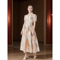 French Vintage Embellished Jacquard Dress with Waist-Cinching Flared Maxi Silhouette for Elegant Banquets and Dates
