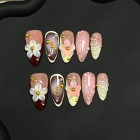 Handmade Press on Nails 3D Hand-carved Petals Decor False Nail Tips Reusable Wearable Retro European French Almond Fake Nails