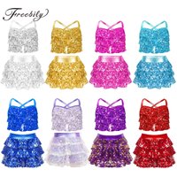 Girls Tiered Ruffles Metallic Crop Top with Culottes Skirt Suit Latin Jazz Dance Costume Modern Dancewear Performance Sets