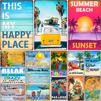 Beach Metal Tin Sign, Vintage Summer Beach Plates, Relax Wall Sign, Pool Tiki Bar Pub Seaside Ocean, Happy Place, Decor WY161