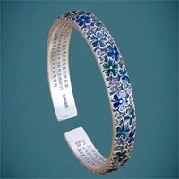 Silver Color Enamel Flower Heart Sutra Cuff Bangle for Women Vintage Flower Engraving Bangles Best Gifts for Girl Jewelry Gifts
