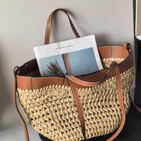 Fashion Portable Beach Travel Vacation Handbag Daily Shopping Bag Retro Basket Bucket Literary Straw Woven Tote Bag for Women,