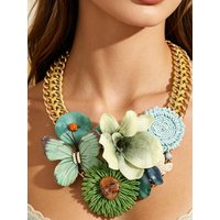 Boho Floral Butterfly Statement Necklace Green Garden Vibes Chunky Gold Chain Choker Handmade Fabric Flower Jewelry Accessory