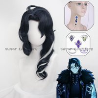 Game Genshin Impact Regrator Pantalone Cosplay Wig Glasses Rings Pantalone Dark Blue Curly Synthetic Hair Halloween Party Props