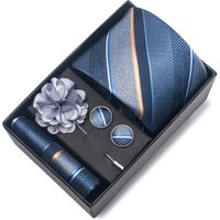 2025 New Design Brand 8 cm Blue Striped Tie Handkerchief Cufflink Brooch Set Man Gift Box Wedding Gift Fit Formal Party