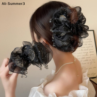 【S3y】Mesh Tulle Tassels Hair Claw For Women Temperament Shining Zircon Ponytail Shark Clip Princess Headdress Hair Accessories