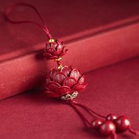 Natural Cinnabar Lotus Car Pendant Keychain Lucky Chinese Style Phone Chain for Handbag Accessory