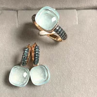 Ring Earrings Jewelry Set Inlay Blue Topaz Zircon for Women Macaron Colors Candy Crystal Matching Party Gift