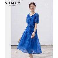 VIMLY Summer Women's Klein Blue Dress 2026 New Short Sleeve A-Line French Tie Waist Puff Sleeve Midi Dresses A5229