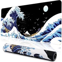 Gaming Mouse Pad for Desk,Large Wave Mousepad Laptop,Black Japanese Anime Mouse Mat,Keyboard Pads Non-Slip for Game Office Home