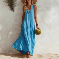2026 New Summer Wide Strap Dress Solid Color Casual Loose Versatile Simple Fashion Comfortable Seaside Vacation Style Vestidos