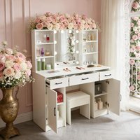 Teousev Modern Bedroom Makeup Vanity Dressing Table Set 10 Dimmable 3-Color LED Bulbs Large Mirror 3 Drawers Storage Furniture