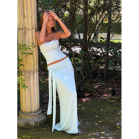 Women's Light Blue Two Piece Set Sexy Strapless Tube Bodycon Top Tie Waist Maxi Skirt 2026 Lady Summer New Vacation Beach Outfit