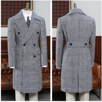Men's Long Blazer Black White Herringbone Pattern Men's Long Suit Jacket Classic Plaid Double-breasted Winter Wool Long Coat