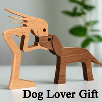 Creative Woman and Dog Wooden Sculpture Family Statue Home Room Decor Human Dog Wood Art Figurine Ornement Decor Dog Lover Gift