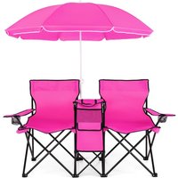 Folding Double Camp Chair w Removable Umbrella, Portable Picnic Chair w Mini Table, Chair Set w Beverage Holder, Portable Loves