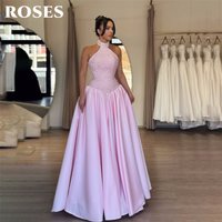 ROSES Pink Party Dress Halter A Line Evening Dress with Glitter Sequin Bodice فساتين السهرة for Wedding Customized