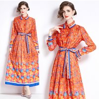 2024 Autumn/Winter New Women's Silk Polo Collar Long Sleeve Dress with Loose Waist Belt and Knee length Skirt