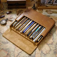 12-slot High Quality Crazy Horse Leather Fountain Pen Case Handmade Drawer-Style Student Stationery Storage Box Business Gifts
