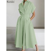 ZANZEA Women Summer OL Work Dress Elegant Short Sleeve Office Sundress Casual Solid A Line Buttons Holiday Vestidos Kaftan Robe