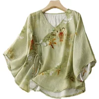 Women's Chinese Style Floral Print Ramie Blouse Tie Side V Neck 3/4 Sleeve Top