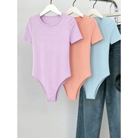 Women 3 Pack Solid Short Sleeve Bodysuit Set Casual Crew Neck Form Fitting One Piece Bodysuit Set
