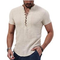 New Men's Short Sleeve Tshirt V neck button Cotton Linen Shirt Men's Casual Clothes Popular Tops for Men
