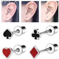 ZEMO 1 Piece 20G Stainless Steel Stud Earrings Poker Ear Studs Playing Cards Spades Clubs Cartilage Conch Helix Lobe Piercings