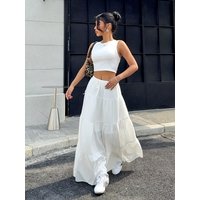 Ladies Elegant Holiday 2-Piece Set Solid Color Short Top And Long Skirt Outfit for Commuting/Elegant/Sexy/Festival/Beach/Hawaii/