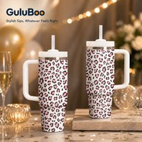 PINK Leopard Print Vacuum Flasks 40oz Stainless Steel Insulated Tumbler With Handle & Straw Leakproof Travel Mug