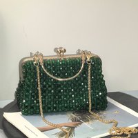 Emerald Green Handmade Beaded Clutch Bag | Vintage Gold Frame Evening Purse with Chain Strap for Party/Wedding/Cocktail