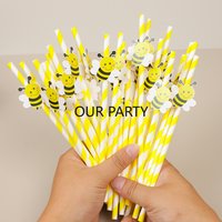 30Pcs Cartoon Bee Theme Paper Straws Bar Drinking Straw Disposable Tableware for Kids Birthday Baby Shower Wedding Party Decor