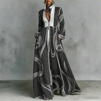 Women's Boho Black White High Waist Casual Polka Dot and Stripe Print Long Sleeve Maxi Dress Buttoned Elegant Party Outfit