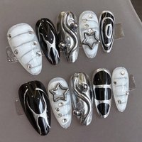 10 pieces of hand-pressed almond-shaped nails, beautiful false nails, silver gray rhinestone stars, suitable for women