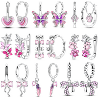 925 Silver Pink Earrings Sparking Butterfly Bow Feather Paw Hoop Earring For Women Girls Anniversary Wedding Jewelry Gifts