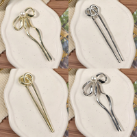 1Pcs Vintage Bow French Pearl U-Shaped Hair Pins for Women Double Prong Hair Fork Stick Hairstyle Accessories