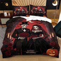 Parure de lit gothique pour couple, motif squelette, noire, pour Halloween, avec crâne, mariée, marié, rose rouge, citrouille, chauve-souris, ensemble de literie gothique pour mariage.